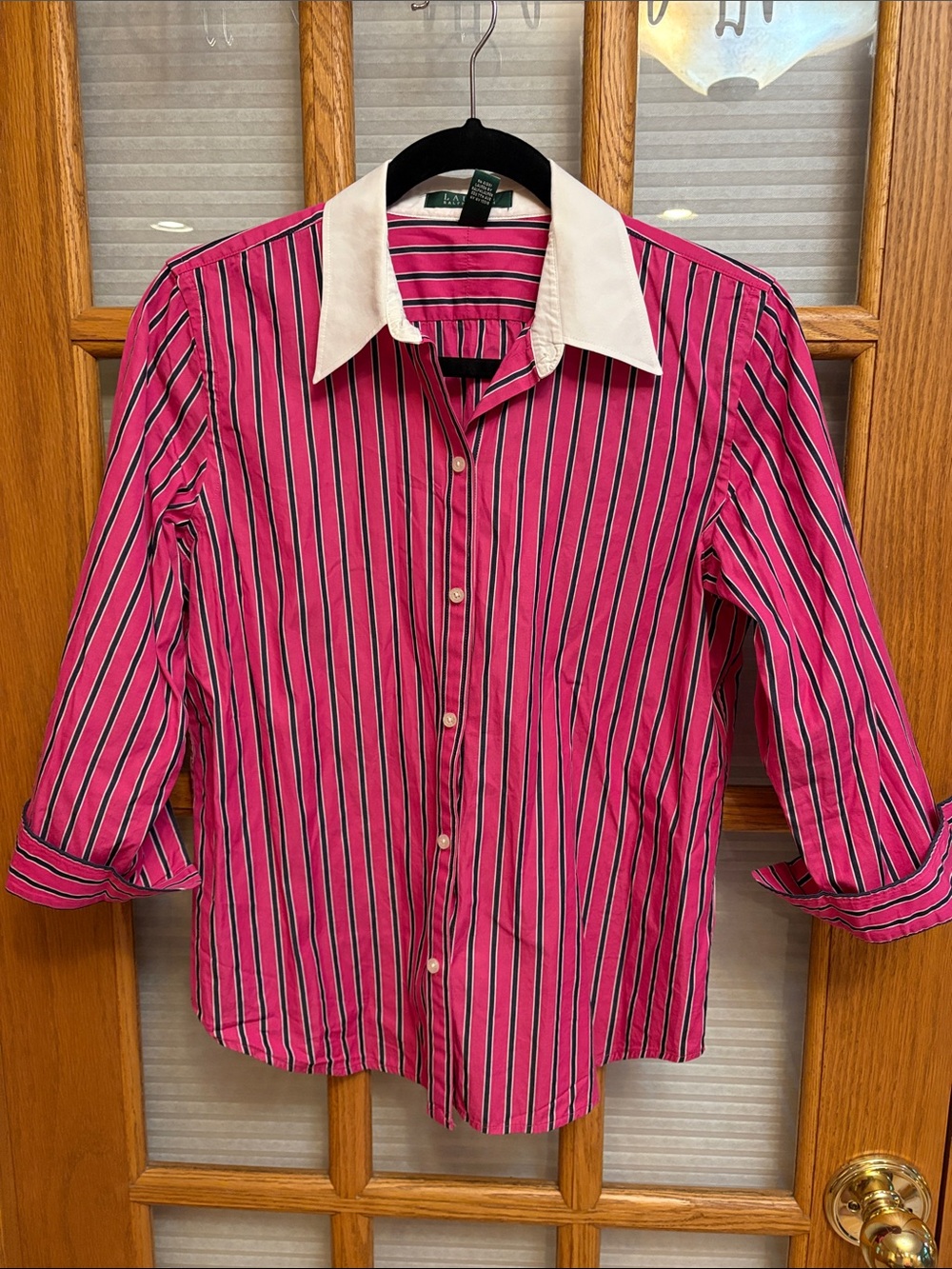 EUC Lauren Ralph Lauren Pink Striped Button-Up Shirt w White Collar 3/4 Sleeves